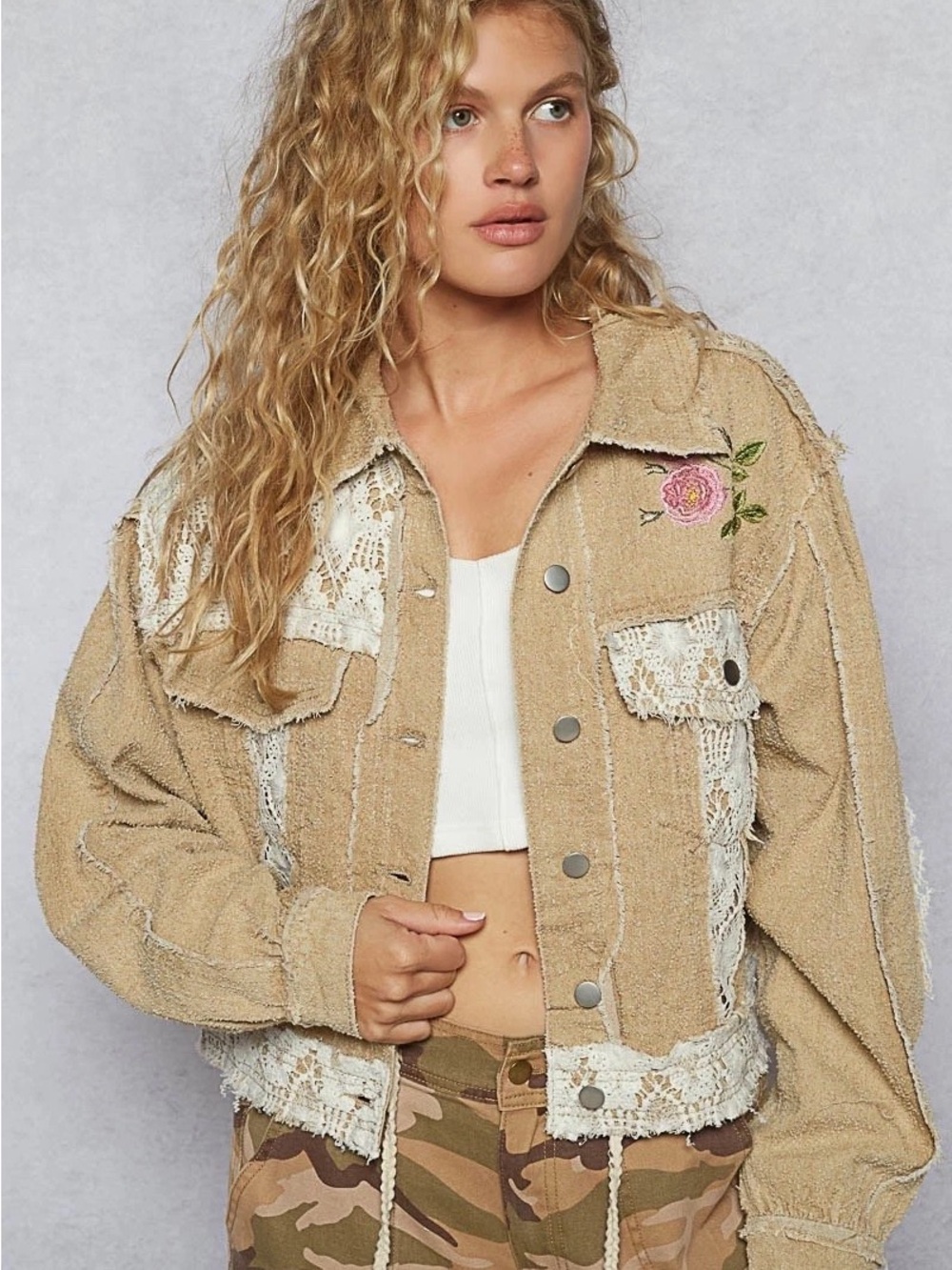 POL Cropped Raw Edge Distressed Jacket Medium Boho Lace Floral Embroidery
